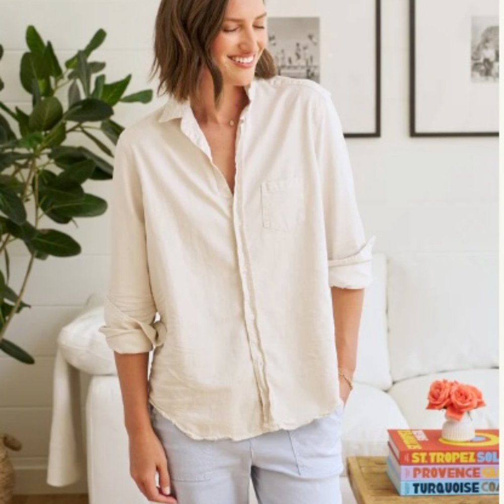 Frank & Eileen beige relaxed women’s button-down shirt 100% Italian cotton.